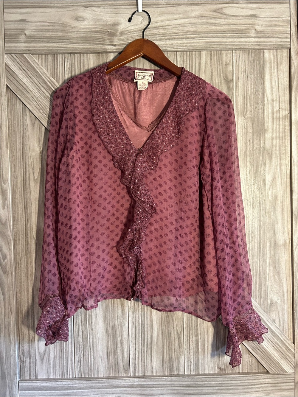 VINTAGE April Cornell Mauve Pink Ruffle sheer Blouse 2-Piece Set Size M